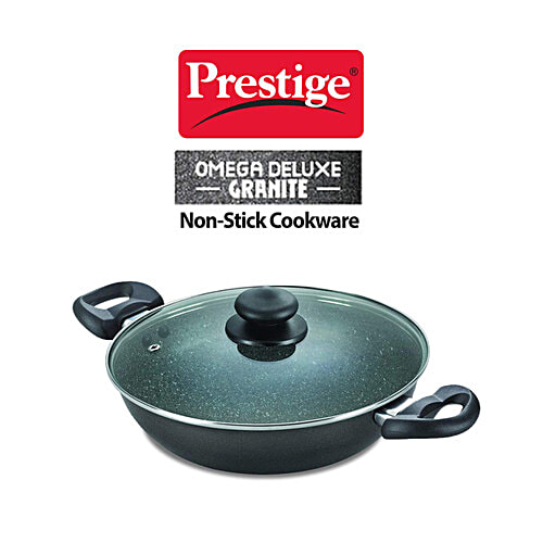 Prestige Omega Deluxe Granite Non-stick 24cm Kadai With Glass Lid - Black, 2.4 L  PFOA Free