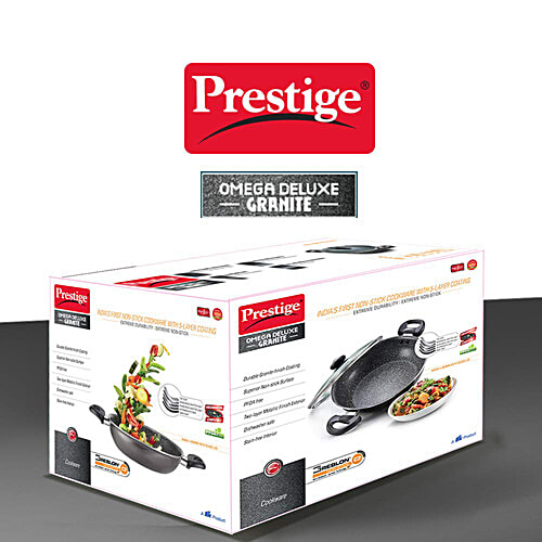 Prestige Omega Deluxe Granite Non-stick 24cm Kadai With Glass Lid - Black, 2.4 L  PFOA Free
