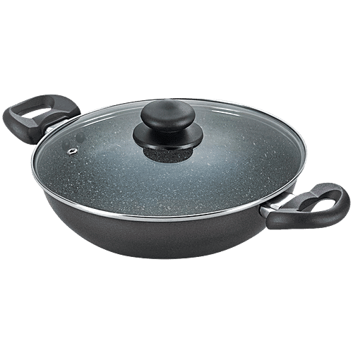 Prestige Omega Deluxe Granite Non-stick 24cm Kadai With Glass Lid - Black, 2.4 L  PFOA Free
