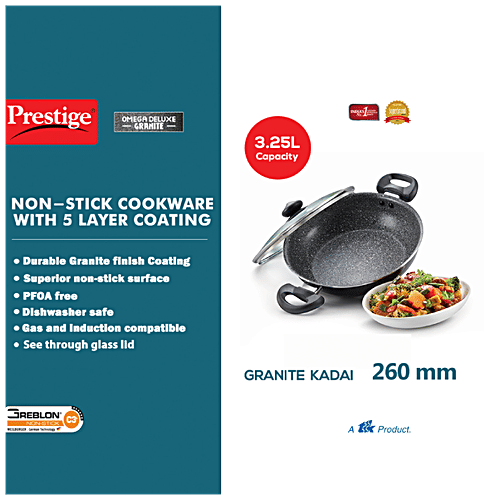Prestige Omega Deluxe Granite Non-Stick Kadai with Lid (36311), 260 mm (Glass Lid) 