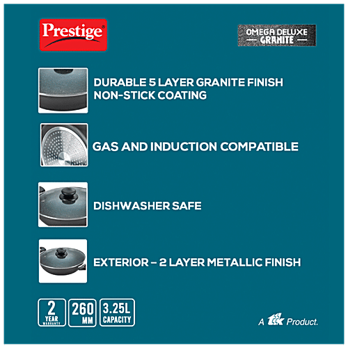 Prestige Omega Deluxe Granite Non-Stick Kadai with Lid (36311), 260 mm (Glass Lid) 