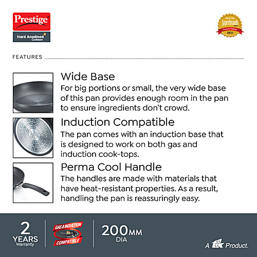 Prestige Hard Anodised Plus Gas & Induction Compatible Fry Pan - 20 cm, Black, 1.1 L  Dishwasher Safe