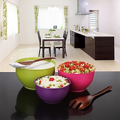 All Time Plastic Classic Mixing Bowl - Assorted Colour, 3 pcs (1300ml + 2300ml + 3200ml) 