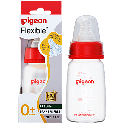 Pigeon Baby Peristaltic Nursing Bottle PP - 0+ Months, Nipple S, Red, 120 ml BPA Free, BPS Free, Square Base, Slim Neck