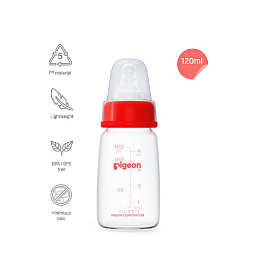 Pigeon Baby Peristaltic Nursing Bottle PP - 0+ Months, Nipple S, Red, 120 ml BPA Free, BPS Free, Square Base, Slim Neck