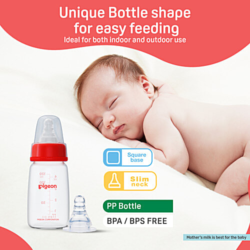 Pigeon Baby Peristaltic Nursing Bottle PP - 0+ Months, Nipple S, Red, 120 ml BPA Free, BPS Free, Square Base, Slim Neck