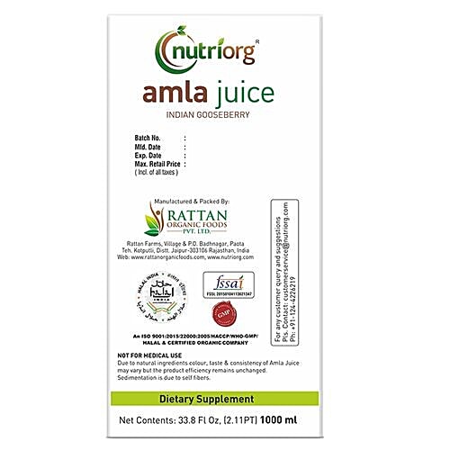 Nutriorg Amla Juice, 1 L Plastic Bottle 