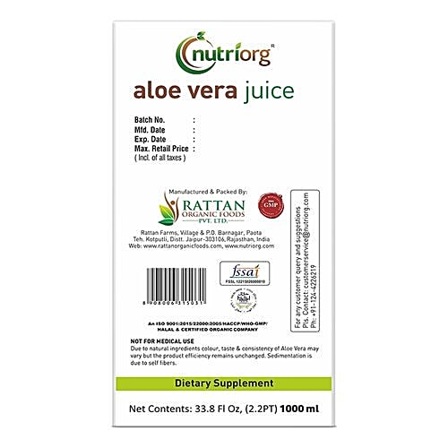 Nutriorg Aloe Vera Juice, 1 L Plastic Bottle 