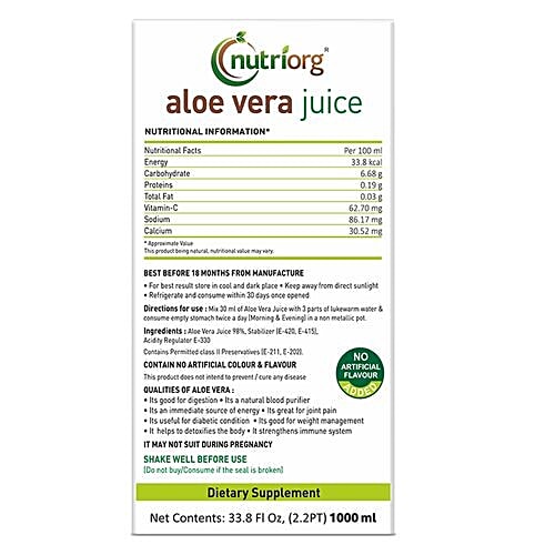Nutriorg Aloe Vera Juice, 1 L Plastic Bottle 