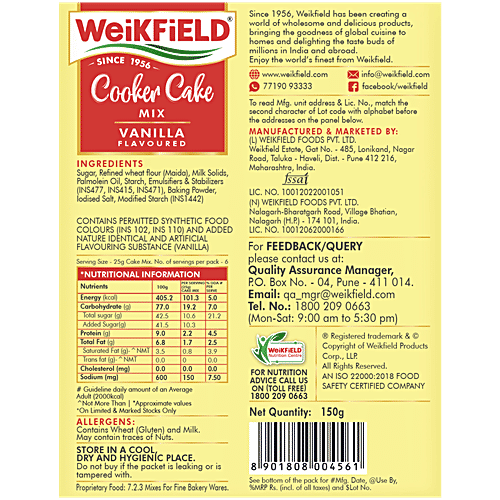 Weikfield Cooker Cake Mix - Vanilla Flavour, 150 g Carton No Microwave Needed, Vegetarian, Dry Mix To Make Soft & Yummy Cake
