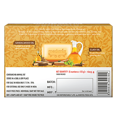 Medimix Ayurvedic Sandal Bathing Soap, With Eladi Oil for Glowing Skin Everyday, 125 g Buy 4 Get 1 Free 
