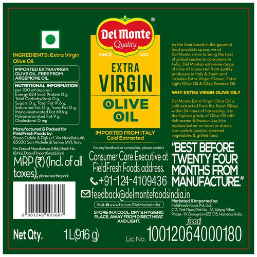 Del Monte  Extra Virgin Olive Oil, 1 L Plastic Bottle Free from Argemone oil