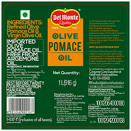 Del Monte Olive Pomace Oil, 1 L Plastic Bottle 