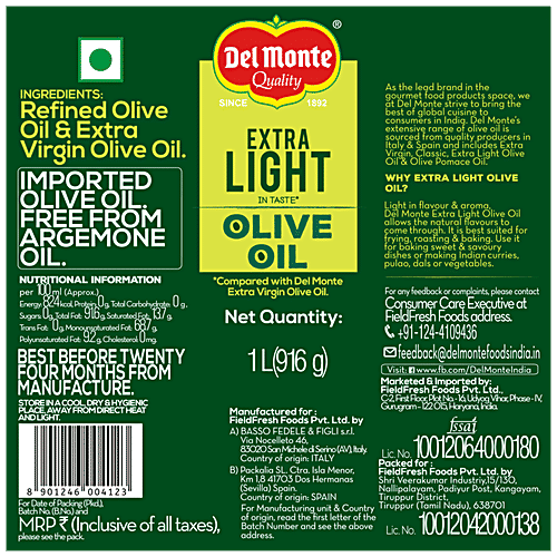 Del Monte Extra Light Olive Oil, 1 L Plastic Bottle 