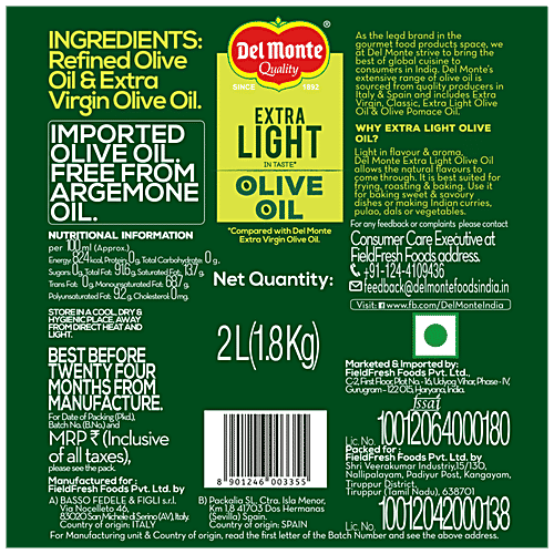 Del Monte Extra Light Olive Oil, 2 L Plastic Bottle 