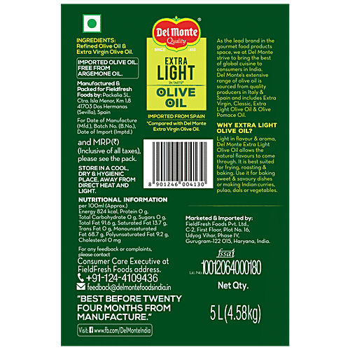 Del Monte Extra Light Olive Oil, 5 L Plastic Bottle 