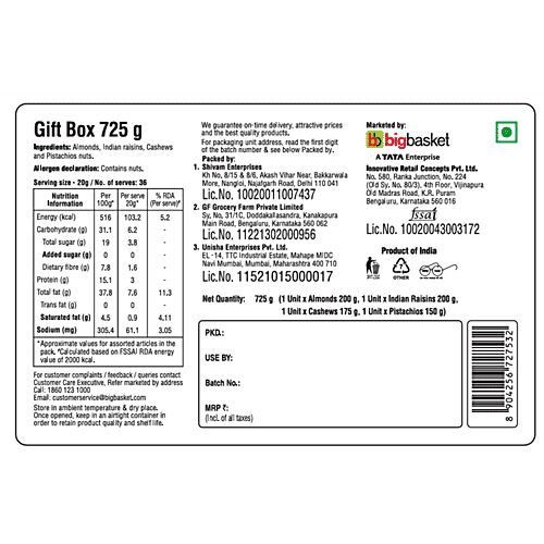 bb Royal Premium Dry Fruit Gift Box - Almonds, Cashews, Raisins, Pistachios, 725 g  