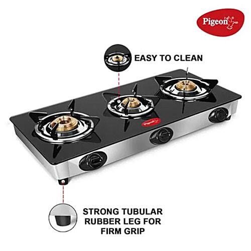 Pigeon by Stovekraft 3 Burner Gas Stove - Glass Top Manual Ignition, Ayush 14336, 1 pc  