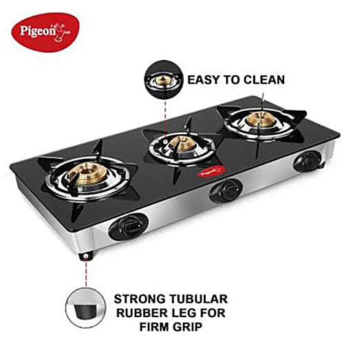 Pigeon by Stovekraft 3 Burner Gas Stove - Glass Top Manual Ignition, Ayush 14336, 1 pc  