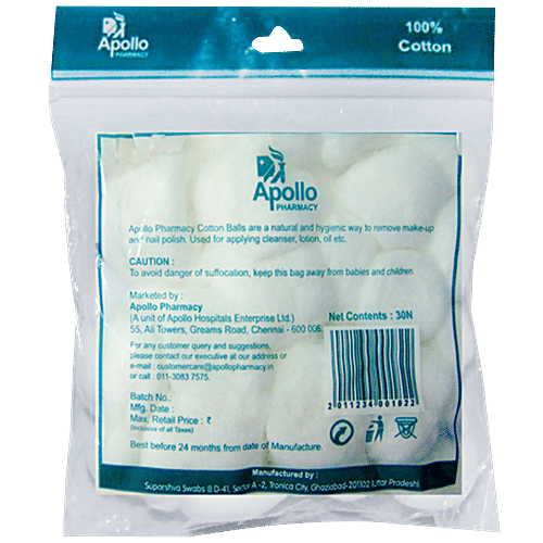 Apollo Pharmacy Sterilized Cotton Balls (30 Balls), APC0005, 30 pcs  