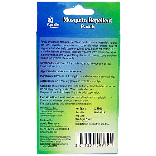 Apollo Pharmacy Mosquito Repellent - Patch, (With Citronella, Eucalyptus, & Essential Oils) APM0029, 1S, 1S  