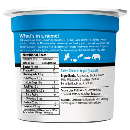 Epigamia  Greek Yogurt - Natural, No Added Sugar, High In Protein, 85 g Cup 