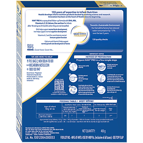 Nestle Nan Pro Stage 4 Follow-Up Formula For 18-24 Months, 400 g  DHA, ARA, Calcium, Zinc & Iron, Vitamins A,C&D