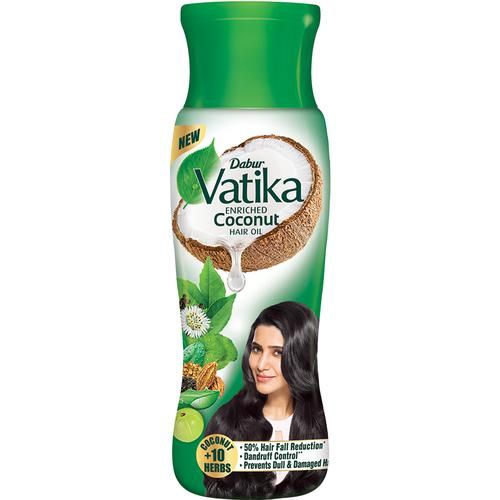 Dabur Vatika Enriched Coconut Hair Oil - 50% Hairfall Reduction & Dandruff Control, Ayurvedic Medicine, Coconut + 10 Herbs, 150 ml  