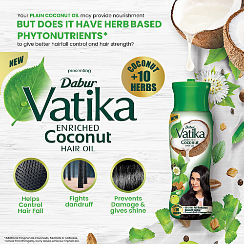 Dabur Vatika Enriched Coconut Hair Oil - With 10 Herbs, 150 ml For Strong Thick and Shiny Hair, Clinically Tested to Reduce 90% Hairfall, Controls Dandruff, Prevents Dull and Damaged Hair, Good for Scalp Health