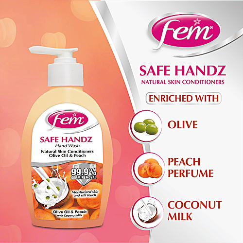 Fem Safe Handz Hand Wash - Olive Oil & Peach with Coconut Milk, 99.9% Germ Removal, 250 ml