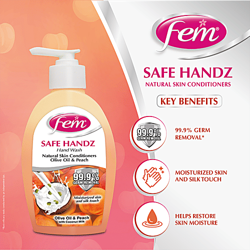 Fem Safe Handz Hand Wash - Olive Oil & Peach with Coconut Milk, 99.9% Germ Removal, 250 ml
