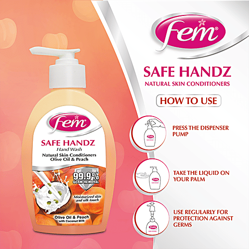 Fem Safe Handz Hand Wash - Olive Oil & Peach with Coconut Milk, 99.9% Germ Removal, 250 ml