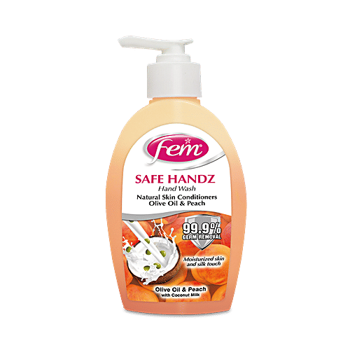 Fem Safe Handz Hand Wash - Olive Oil & Peach with Coconut Milk, 99.9% Germ Removal, 250 ml