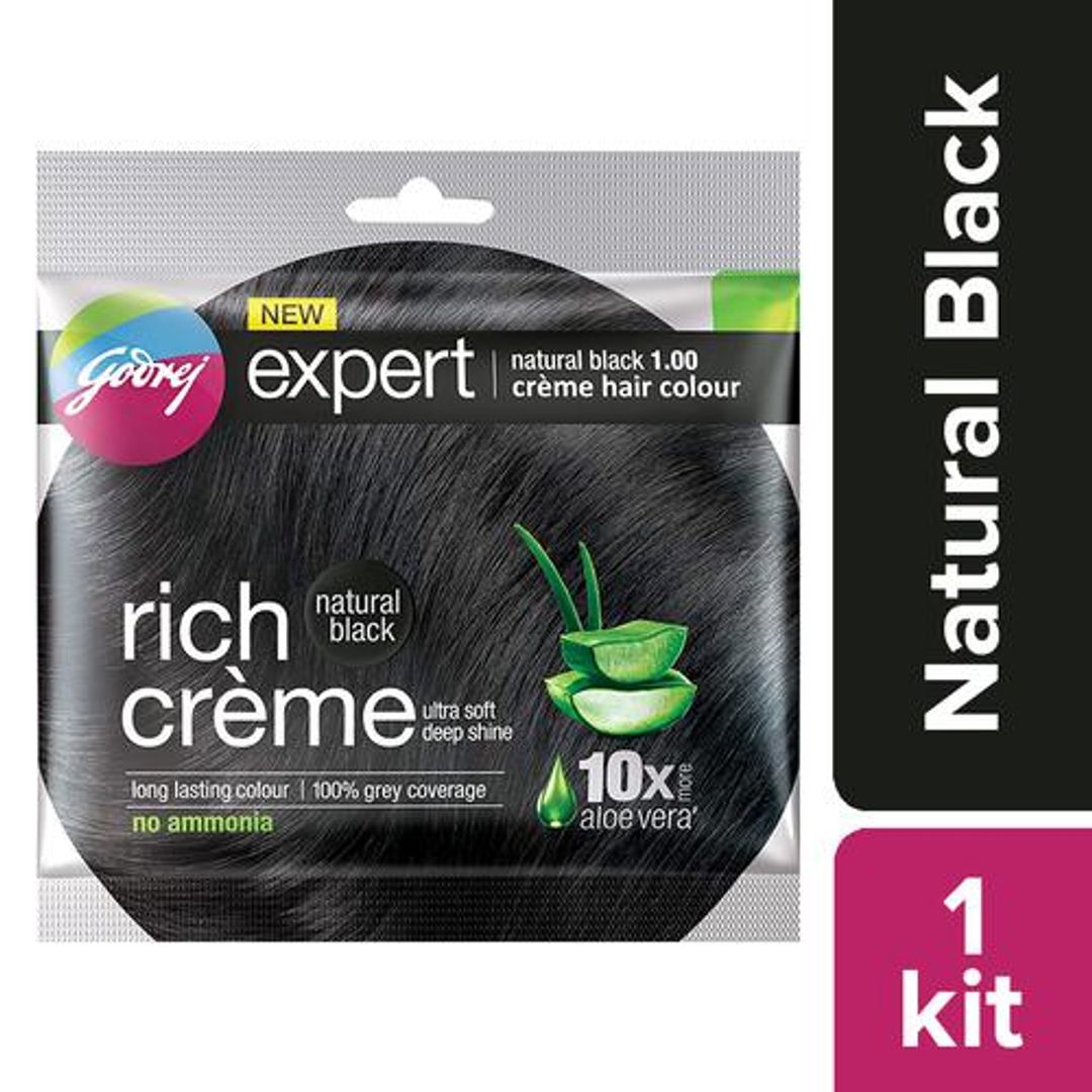 Godrej Expert Rich Creme Hair Colour - Single Use, Long Lasting, 100% Grey Coverage (20 g + 20 ml), 1 pc Shade 1 Natural Black