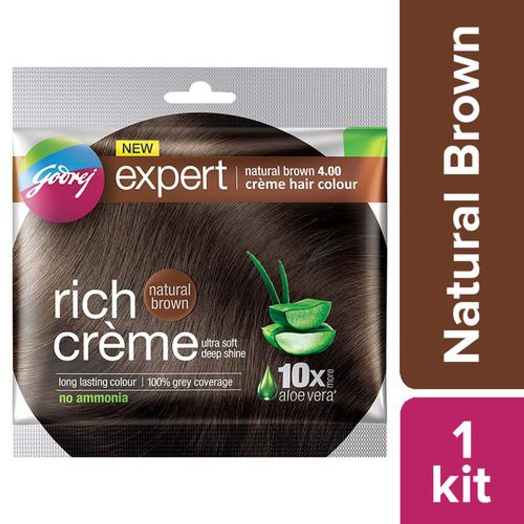 Godrej Expert Rich Creme Hair Colour - Single Use, Long Lasting, 100% Grey Coverage (20 g + 20 ml), 1 pc Shade 4 Natural Brown