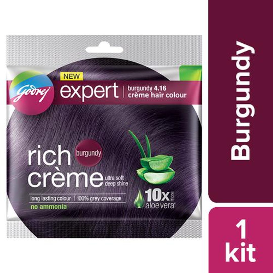 Godrej Expert Rich Creme Hair Colour - Single Use, Long Lasting, 100% Grey Coverage (20 g + 20 ml), 1 pc Shade 4.16 Burgundy