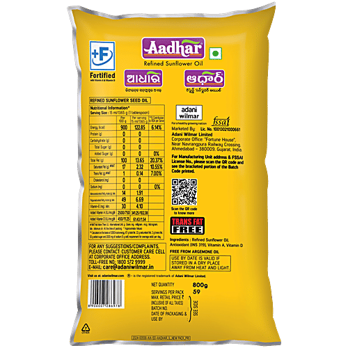 Aadhaar Refined Sunflower Oil, 800 g Pouch