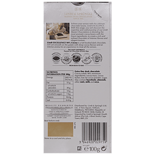 Lindt Excellence Dark Chocolate - 90% Cocoa, 100 g  Inliven your senses
 Ultimate chocolate experience