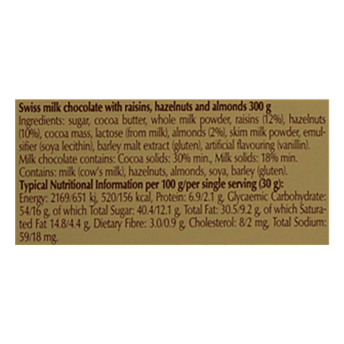 Lindt Chocolate - Gold Bar Hazel/Raisin, 300 g  