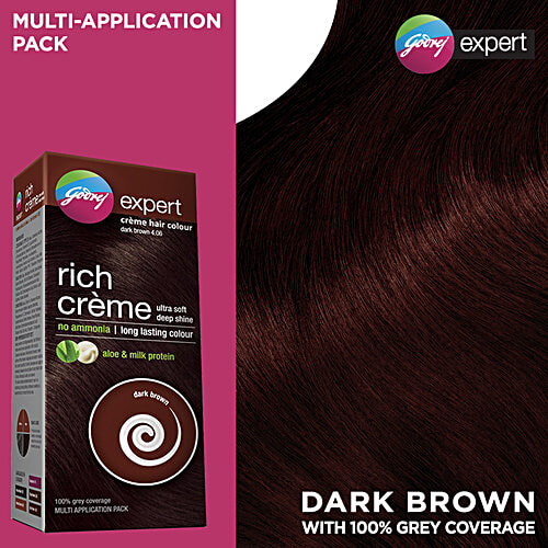 Godrej Expert Rich Creme Hair Colour - Shade 4.06, Multi Application Pack, 62 g + 50 ml Dark Brown 100% Grey Coverage & No Ammonia
