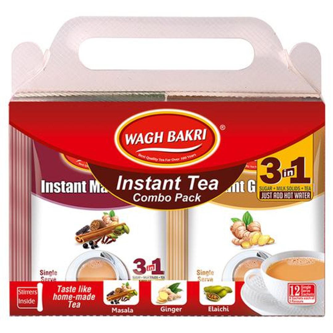 Wagh Bakri Instant Premix Tea - 3 In 1 Combo Pack With Masala,Ginger & Elaichi, 168 g (12 Sachets x 14g Each)