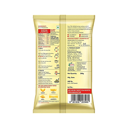 Weikfield Penne Pasta, 200 g Pouch High Protein, Source of Fibre, Non-Sticky