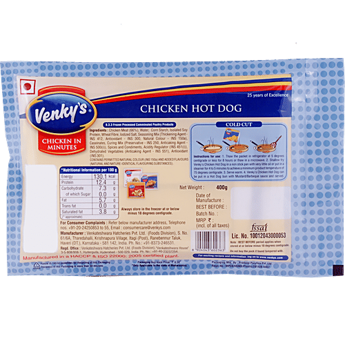 Venkys Chicken - Hot Dog, 400 g  Zero Sugar, Zero Trans Fat