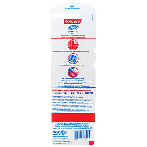 Colgate Toothbrush - 360 Degree Charcoal Gold, Soft Bristles, 3 pcs Buy 2 Get 1 Free 100% Anti-Germ Bristles