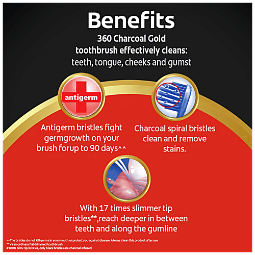 Colgate Toothbrush - 360 Degree Charcoal Gold, Soft Bristles, 3 pcs Buy 2 Get 1 Free 100% Anti-Germ Bristles