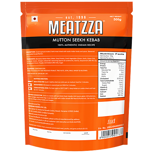 Meatzza Mutton - Seekh Kebab, 500 g  Zero Trans Fat