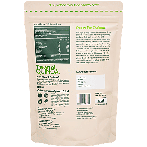 Nourish you White Quinoa - Gluten Free, 500 g  Powerhouse of Protein & Fibre
 Only plant food with high contents of all essential amino acids