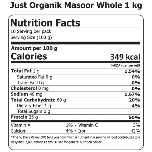 Just Organik Masoor Whole, 1 kg  