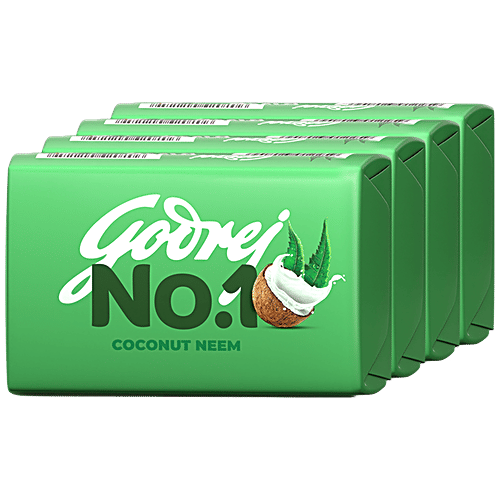 Godrej No.1 Coconut & Neem Bathing Soap, Gives Silky Smooth Skin, 150 g (Pack of 4) With Natural Oils