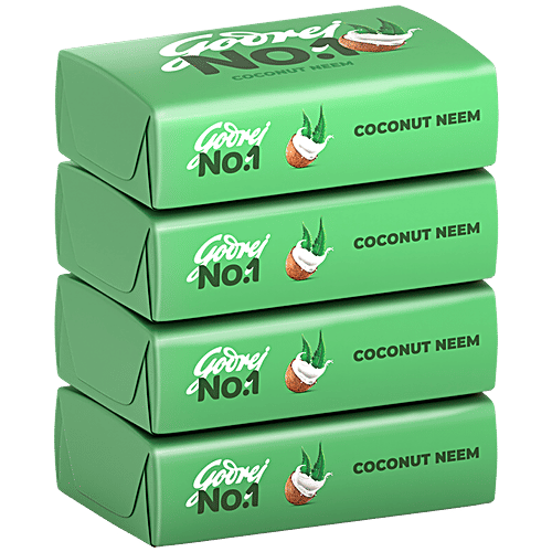 Godrej No.1 Coconut & Neem Bathing Soap, Gives Silky Smooth Skin, 150 g (Pack of 4) With Natural Oils
